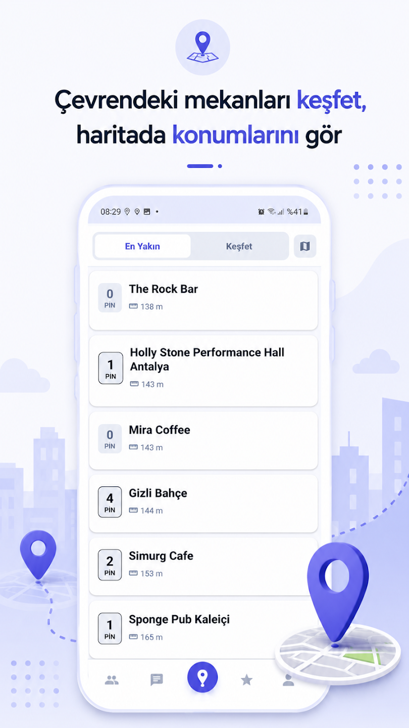 Pin2Chat — çevrendeki mekânları listede gör